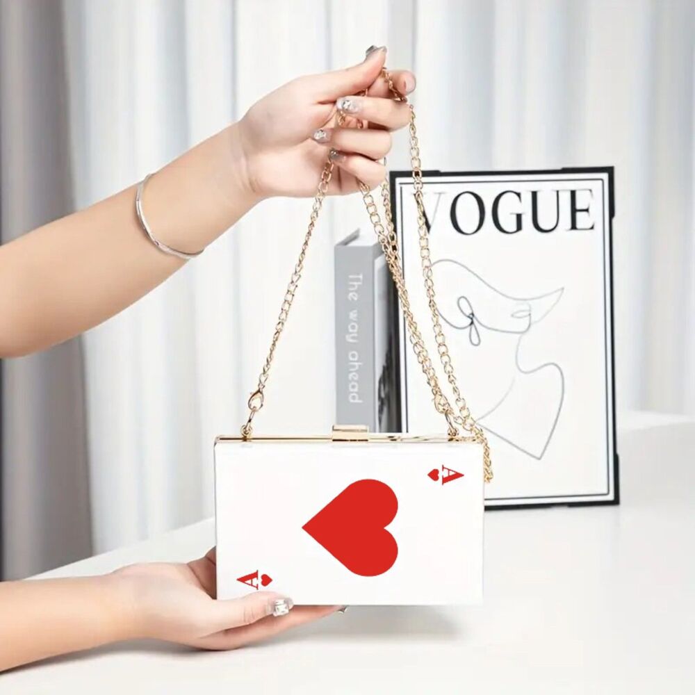 Ace of Hearts Playing Card Vegas Clutch Purse -Handbag w/ Gold Chain Strap